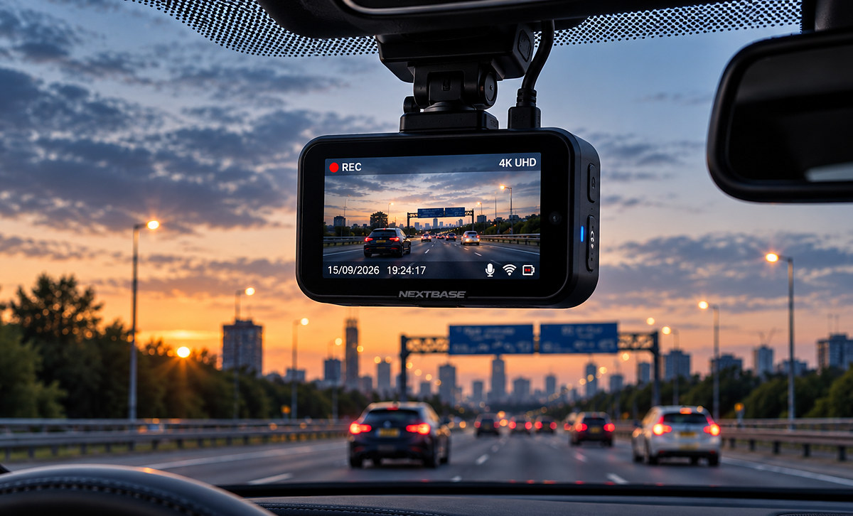 A dash cam mounted on a windscreen recording the road ahead