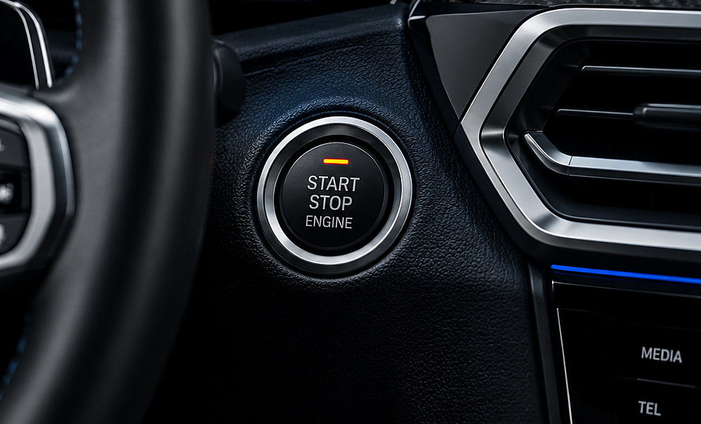 The start/stop engine button on a vehicle dashboard