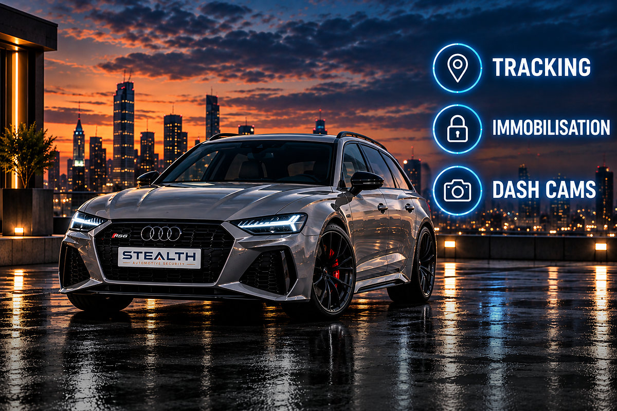 A vehicle protected by tracking, immobilisation and dash cam layers together