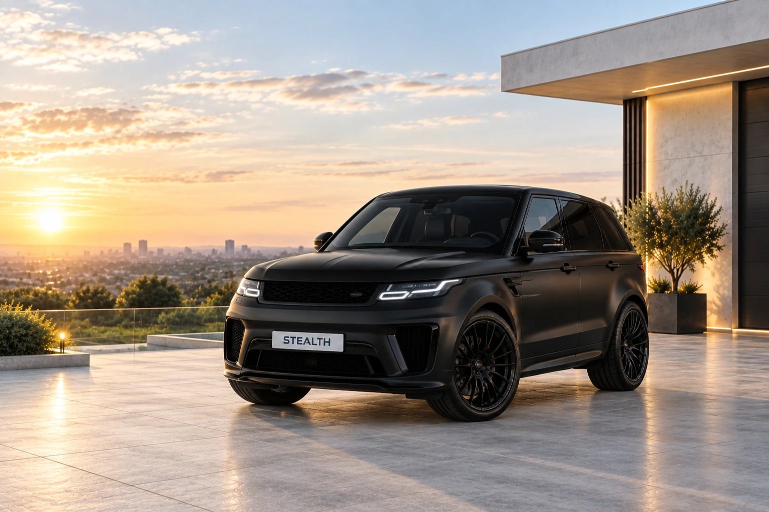 A matte black Range Rover Sport parked on the driveway of a modern house at sunset, overlooking the city