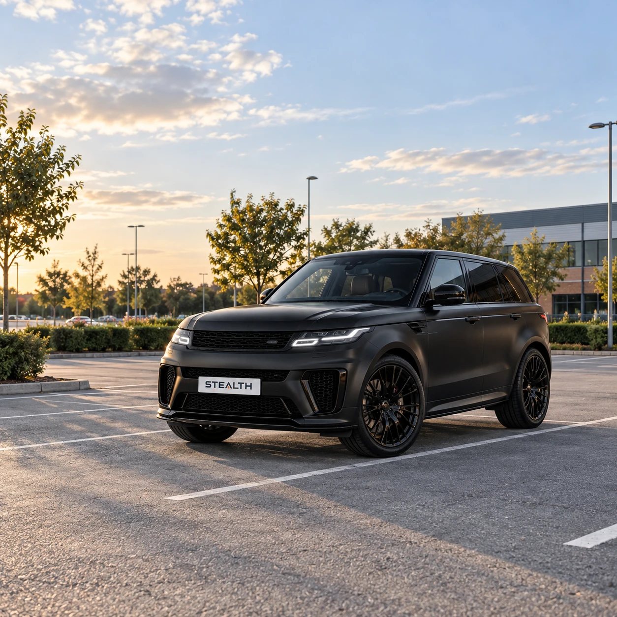 A matte black Range Rover Sport fitted with Stealth Automotive Security protection, parked in a car park at sunset