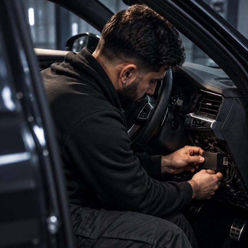An installer fitting a security module behind the dashboard of a car
