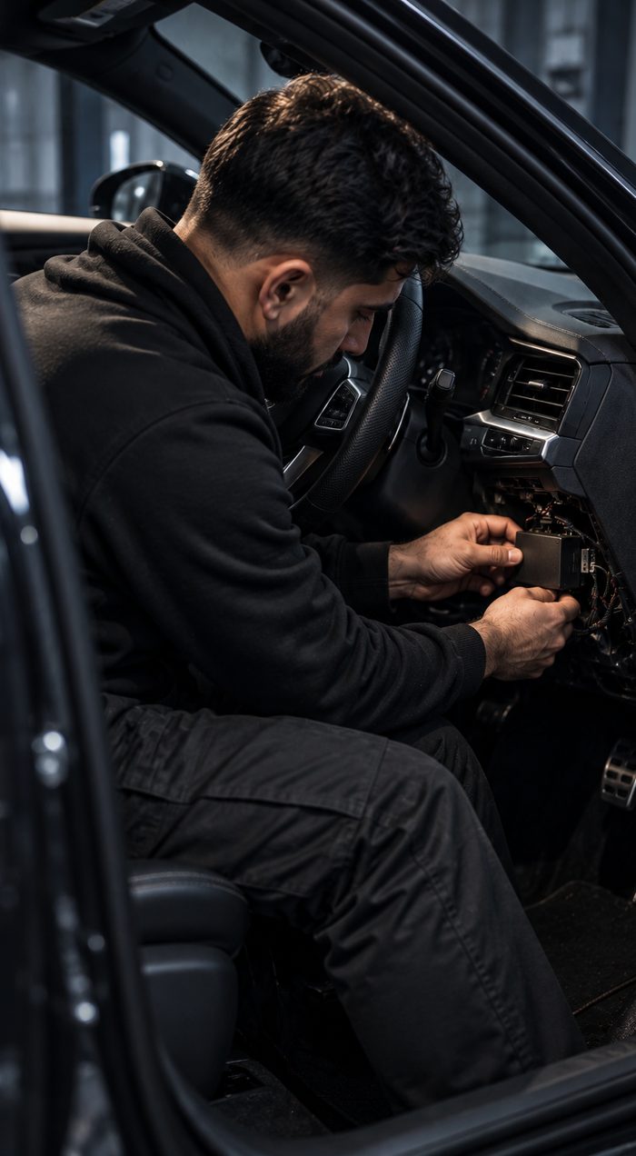 An installer fitting a security module behind the dashboard of a car